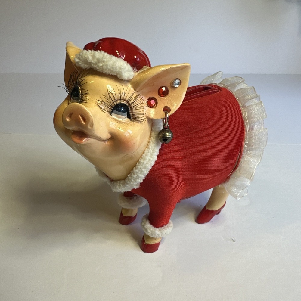 VTG Fancy Pig Piggy Bank Mrs. Claus Cracker Barrel Eyelashes Ceramic